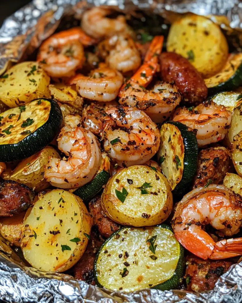 Shrimp, Zucchini, Potatoes, and Spicy Italian Sausage Foil Pack