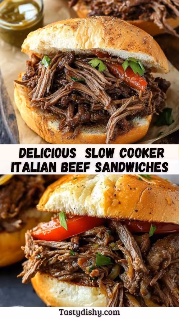 Savor the rich flavors of these Delicious Slow Cooker Italian Beef Sandwiches! This easy recipe uses tender beef, zesty seasonings, and simple prep in your slow cooker, making it perfect for busy days. Enjoy the melt-in-your-mouth goodness on a fresh bun with your favorite toppings. Try this family-favorite meal tonight and elevate your dinner with minimal effort. Save this pin for the ultimate comfort food treat!
