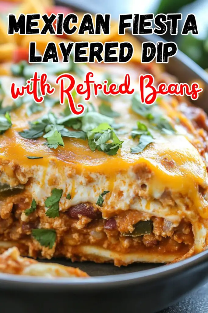 Elevate your gatherings with this Delicious Mexican Fiesta Layered Dip with Refried Beans! This vibrant appetizer features layers of creamy refried beans, fresh veggies, and zesty toppings that make it irresistible. Perfect for any party, it's easy to prepare and will have your guests coming back for seconds. Get ready to impress with this crowd-pleaser that brings authentic flavors to your table. Save this pin and get ready to serve up a fiesta at your next event!