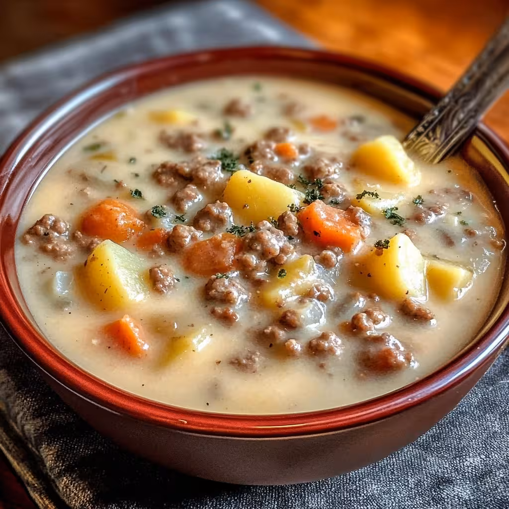Warm up with this delicious Crockpot Creamy Potato & Hamburger Soup! This easy recipe combines tender potatoes, savory hamburger, and rich cream for a comforting bowl of goodness. Perfect for busy days or chilly nights, it's sure to be a family favorite. Serve it with crusty bread for a complete meal!