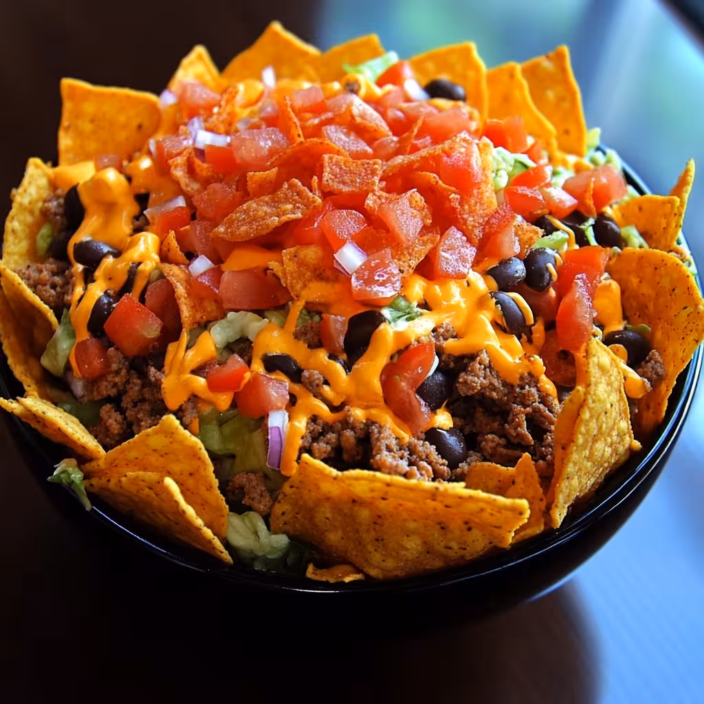 Get ready to satisfy your cravings with this delicious Doritos Taco Salad! This easy recipe combines crunchy Doritos, fresh veggies, and savory taco flavors for a perfect dish. It's quick to make and great for parties or family dinners. Try it today! Save this pin for your next taco night!