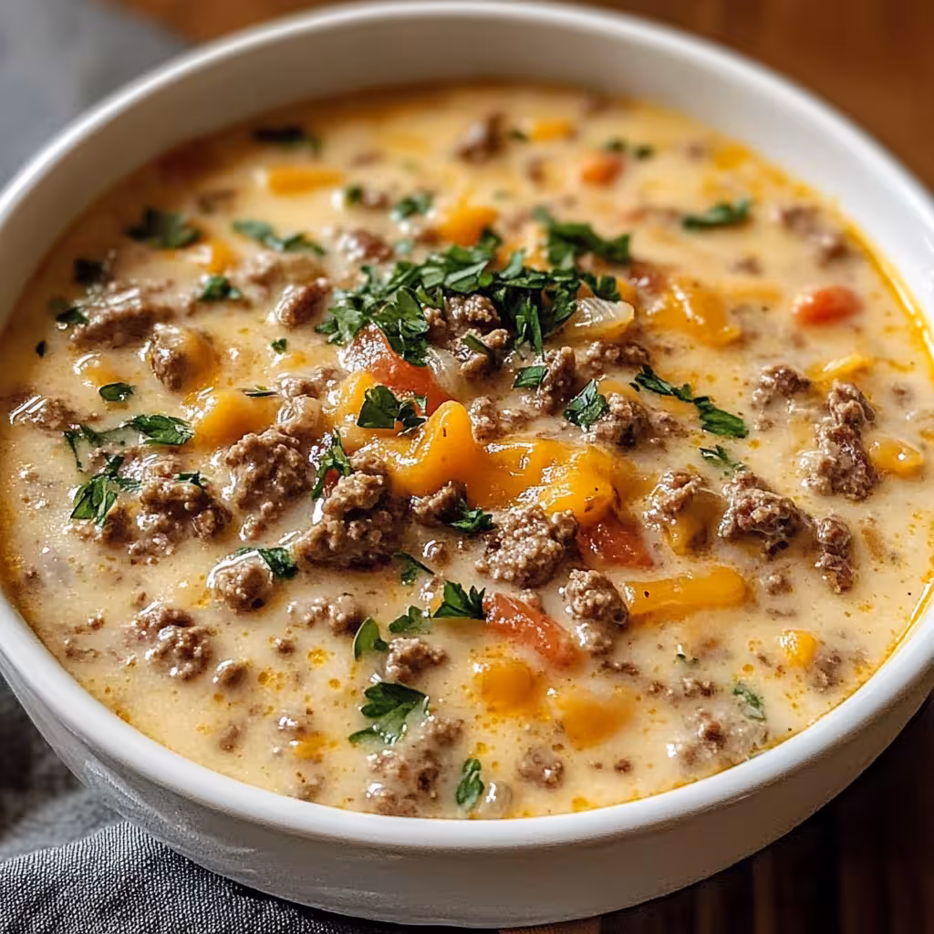 Warm up with this delicious Easy Cheeseburger Soup! This creamy soup is loaded with ground beef, cheese, and veggies, making it a comforting meal for any day. Ideal for busy weeknights and perfect with crusty bread. Try this quick and tasty recipe that everyone will love!