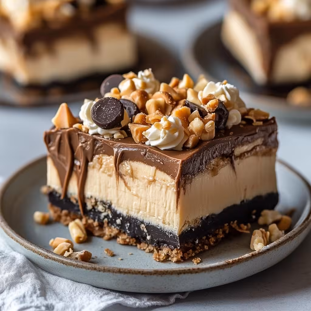 Indulge in these No-Bake Buckeye Cheesecake Bars! With a creamy peanut butter layer and rich chocolate topping, they are the perfect dessert for any occasion. These bars are easy to make, require no baking, and are sure to impress your guests. Don't miss out on this treat—save this pin and try the recipe today!