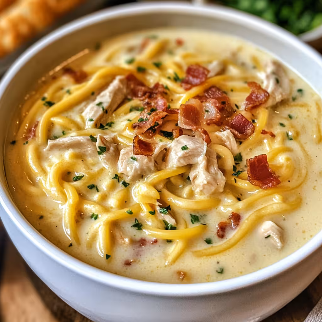 Warm up with this Easy Creamy Chicken Noodle Soup with Bacon! This delicious recipe combines tender chicken, crispy bacon, and wholesome noodles in a rich, creamy broth. Perfect for chilly days or a cozy family dinner! You’ll love every comforting spoonful. Give it a try!