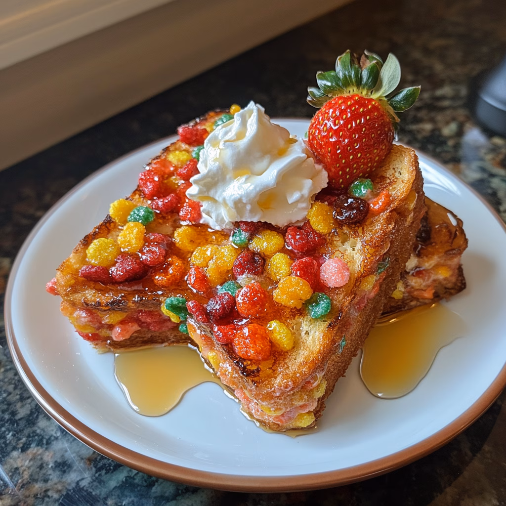 Start your morning with a fun twist on breakfast! This Fruity Pebbles French Toast recipe combines crispy, colorful cereal with soft, delicious bread for a delightful treat. Easy to make and perfect for the whole family, it's a sweet way to brighten your day. Serve with syrup for extra yum! 🍓🥣🍞 #FrenchToast #BreakfastRecipes #FruityPebbles #EasyRecipes