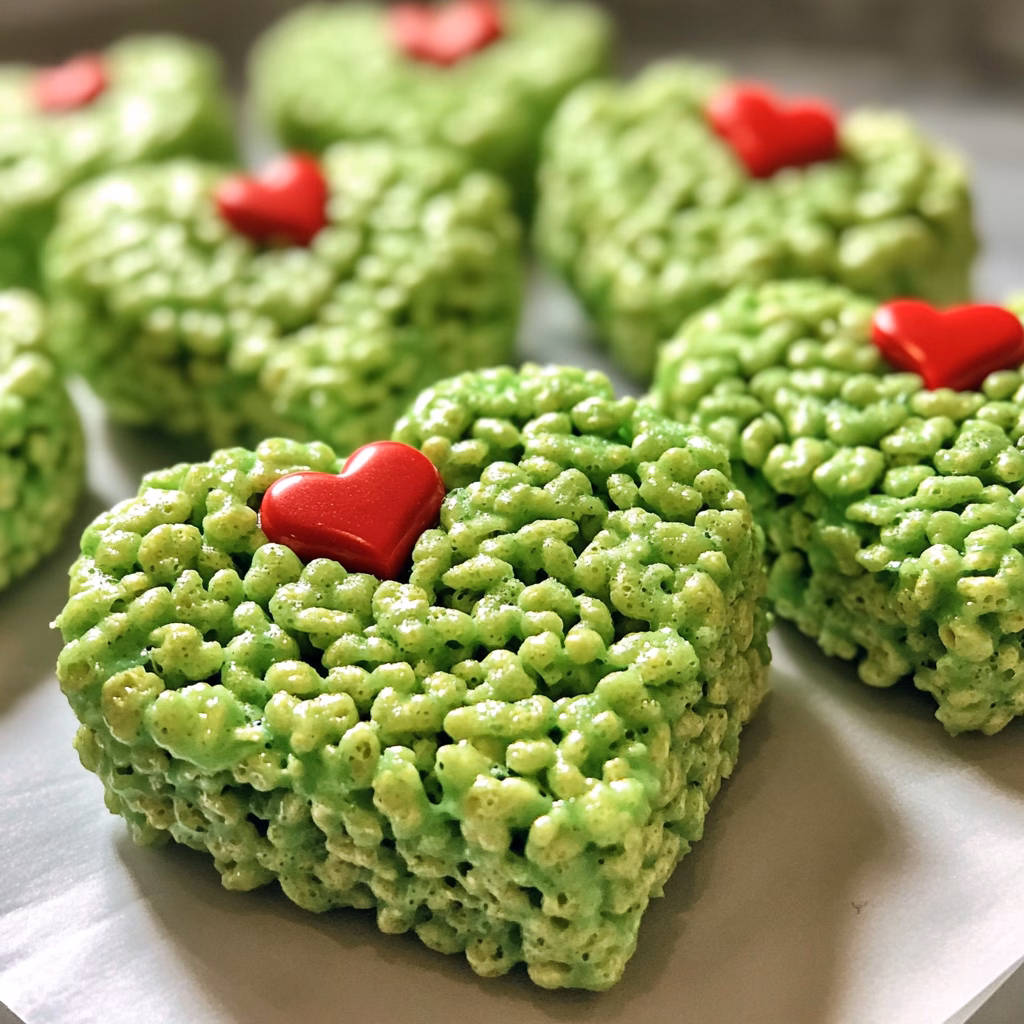 Create festive fun with these Grinch Heart Rice Krispies Treats! This easy recipe is perfect for kids and adults alike. With bright green colors and a heart shape, they make a great holiday snack or party treat. Delight everyone with this chewy, crispy treat that captures the spirit of the Grinch! Ideal for Christmas celebrations!