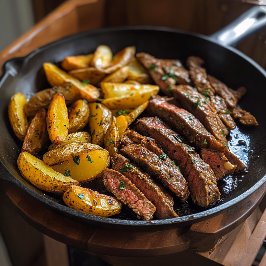 Savor the flavors of this Juicy Steak and Roasted Potatoes with Garlic Butter Sauce recipe! Perfectly seared steak paired with crispy, golden potatoes drizzled in rich garlic butter. It's an easy, delicious dinner that's sure to impress your family and friends! Great for weeknight meals or special occasions. Discover how to elevate your cooking tonight!
