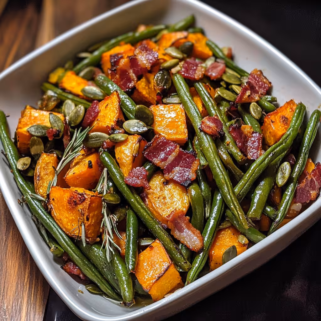 Enjoy a festive plate of Thanksgiving Roasted Vegetables with Green Beans, Butternut Squash, crispy Bacon, and crunchy Pumpkin Seeds! This easy side dish brings vibrant colors and delicious flavors to your holiday table. Perfect for family gatherings and a healthy addition to your Thanksgiving feast!