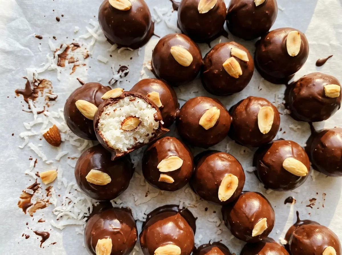 Almond Joy Truffles with glossy chocolate coating
