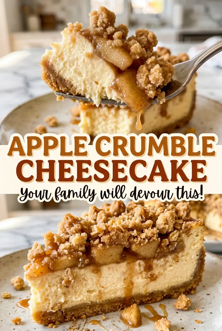 Apple Crumble Cheesecake with tender cinnamon apples