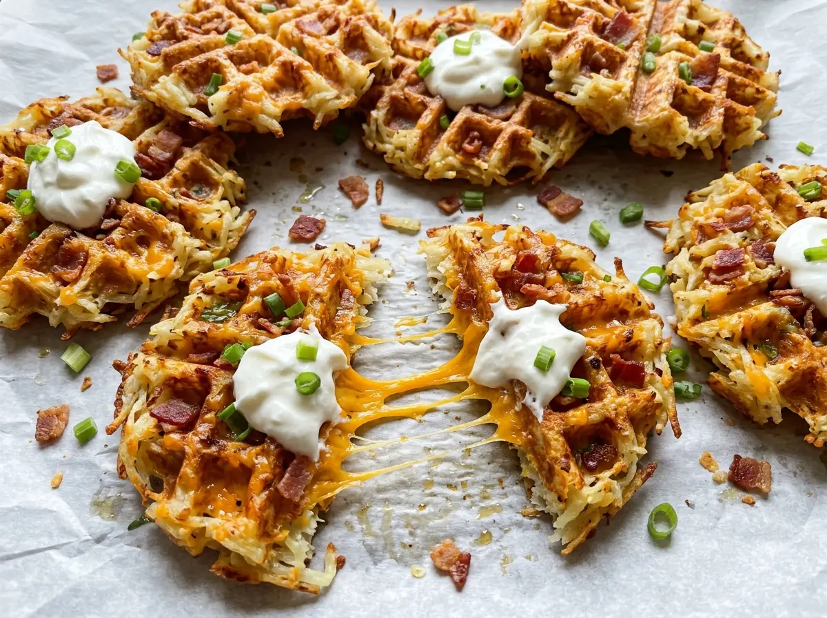 Bacon and Cheese Loaded Hashbrown Waffles golden, crisp, cheesy