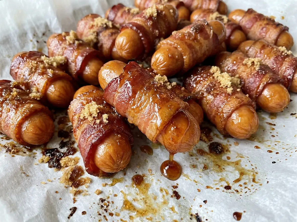 Bacon Wrapped Brown Sugar Smokies, glazed bacon bites