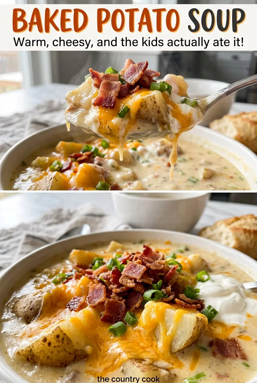 Baked Potato Soup with fluffy potatoes and toppings