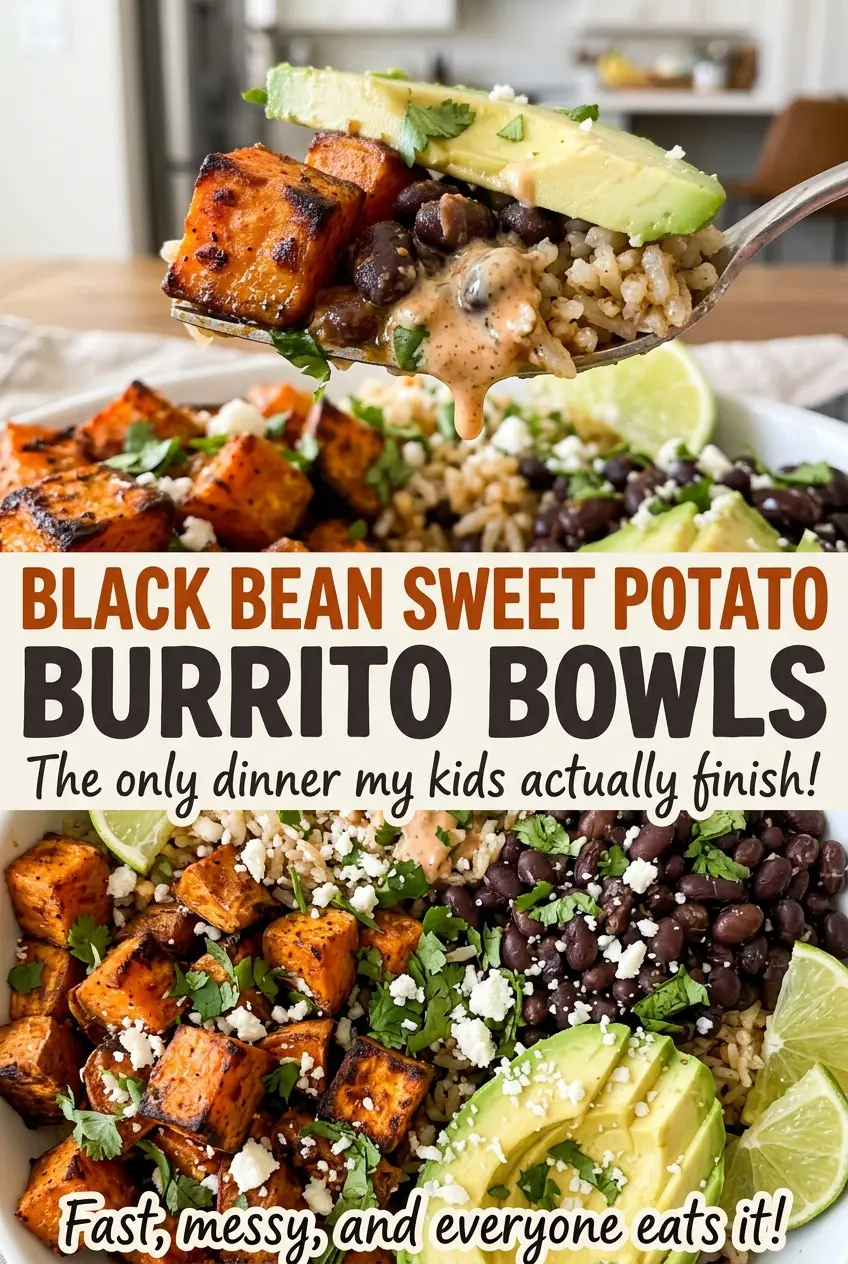 Black Bean Sweet Potato Burrito Bowls with roasted, colorful toppings