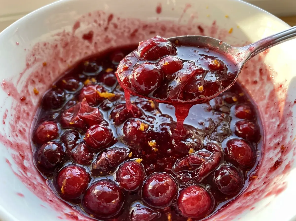 Boozy Cranberry Sauce with glossy, jewel-red berries