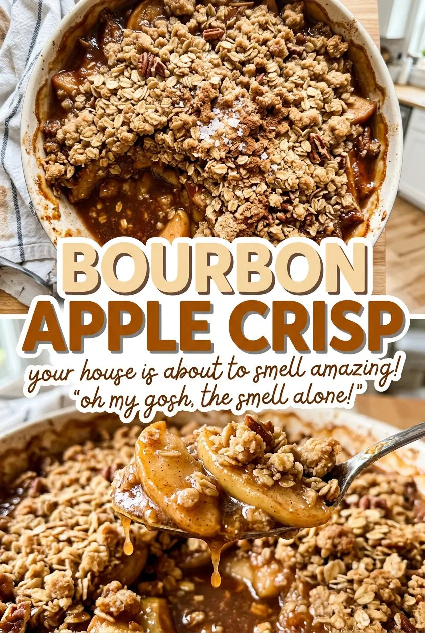 Bourbon apple crisp with bubbling apple filling