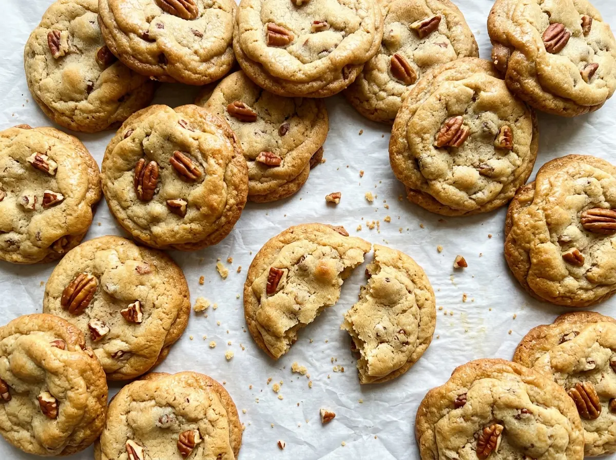 Butter Pecan Cookies with golden edges and toasted pecans