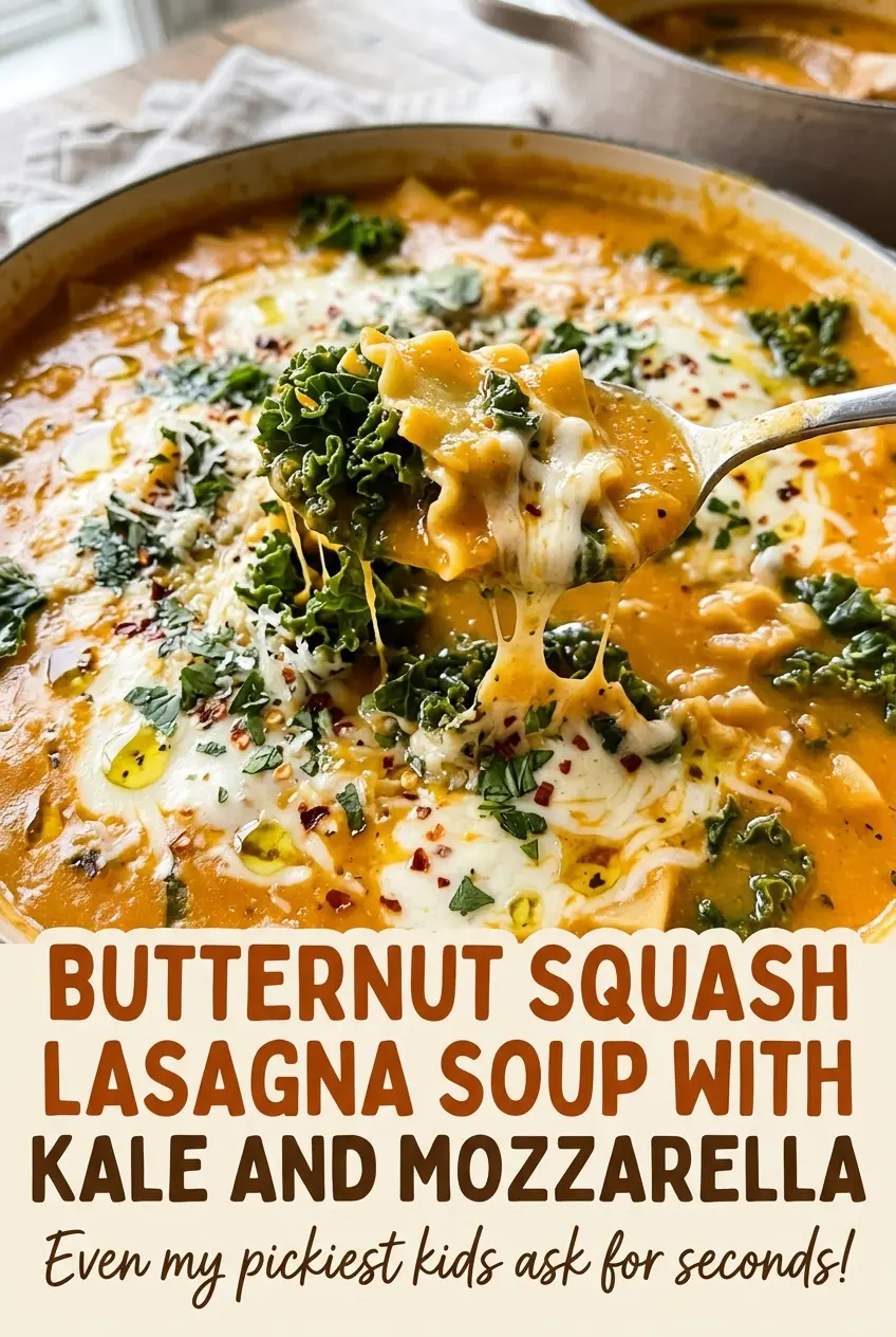 Butternut squash lasagna soup with kale and mozzarella, hearty and cheesy