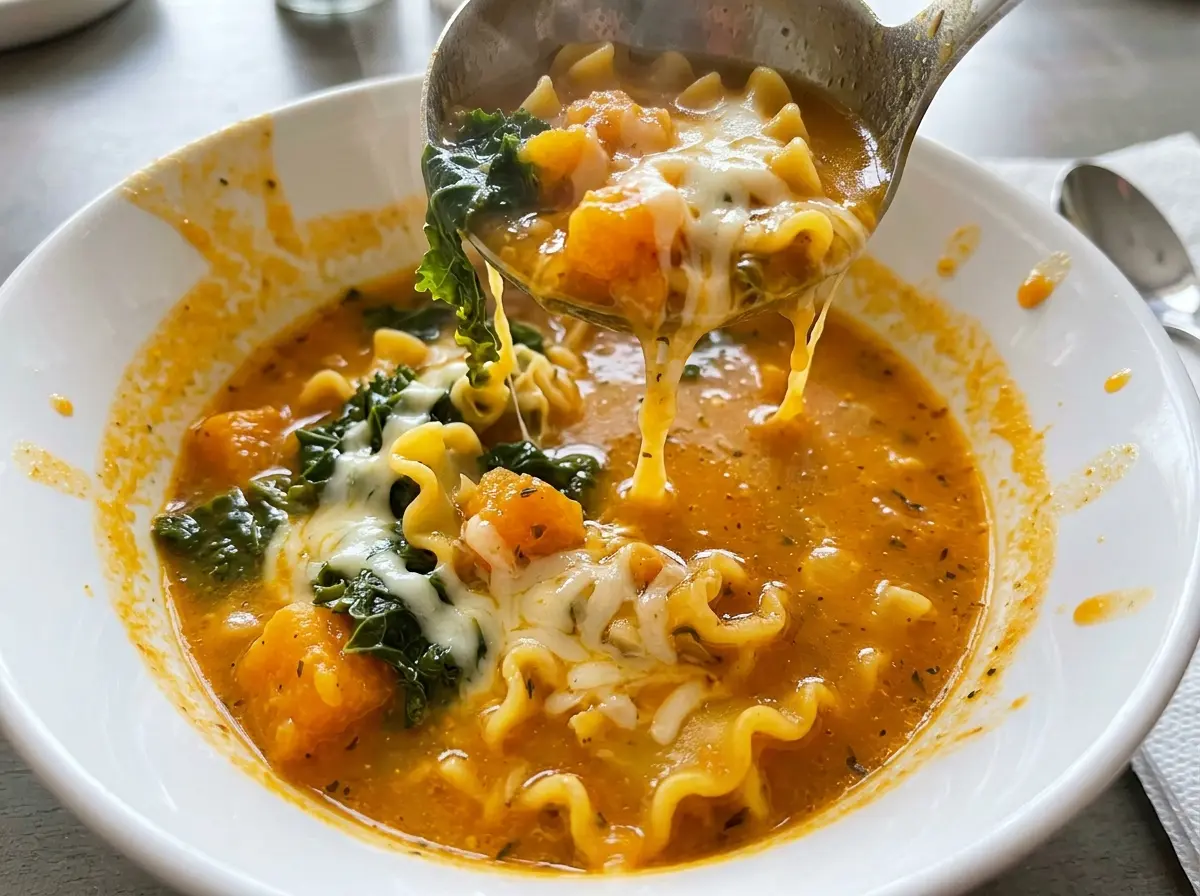 Butternut squash lasagna soup with kale and mozzarella, hearty and cheesy