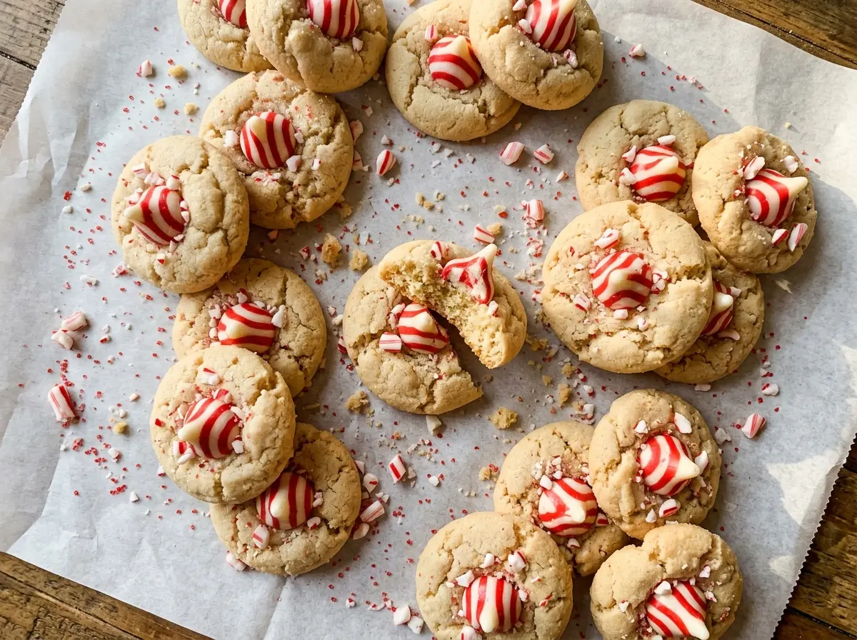 Candy Cane Kiss Cookies with sparkling peppermint tops