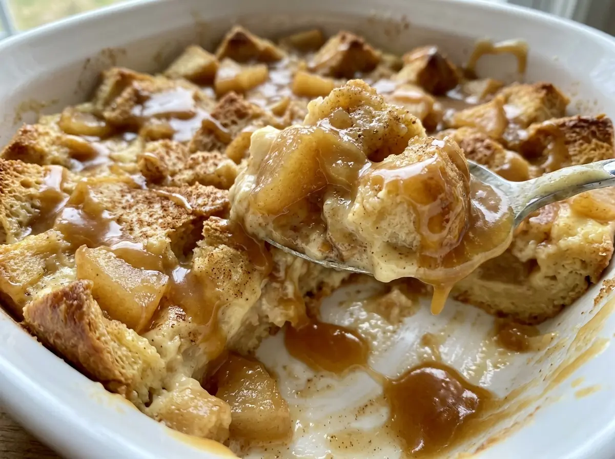 Caramel Apple Bread Pudding, golden and caramel-drizzled