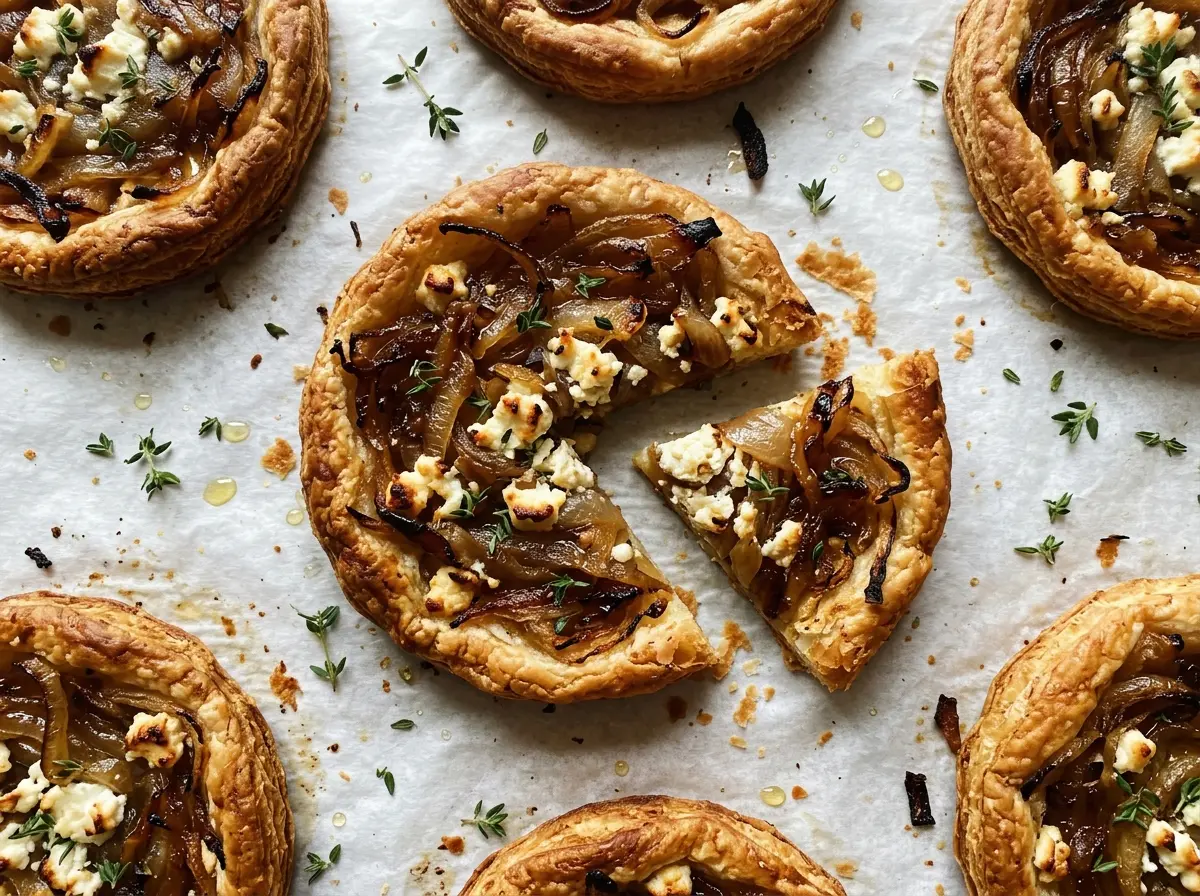 Caramelized onion and goat cheese tarts with golden flaky crust