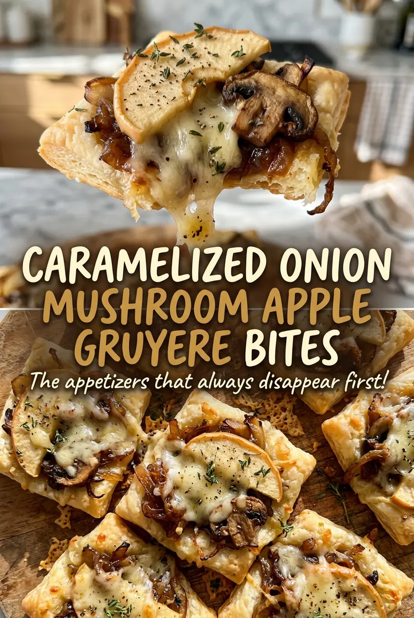 Caramelized Onion Mushroom Apple Gruyere Bites golden flaky savory