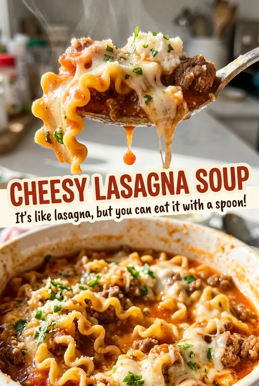 Cheesy Lasagna Soup, hearty and cheese-topped