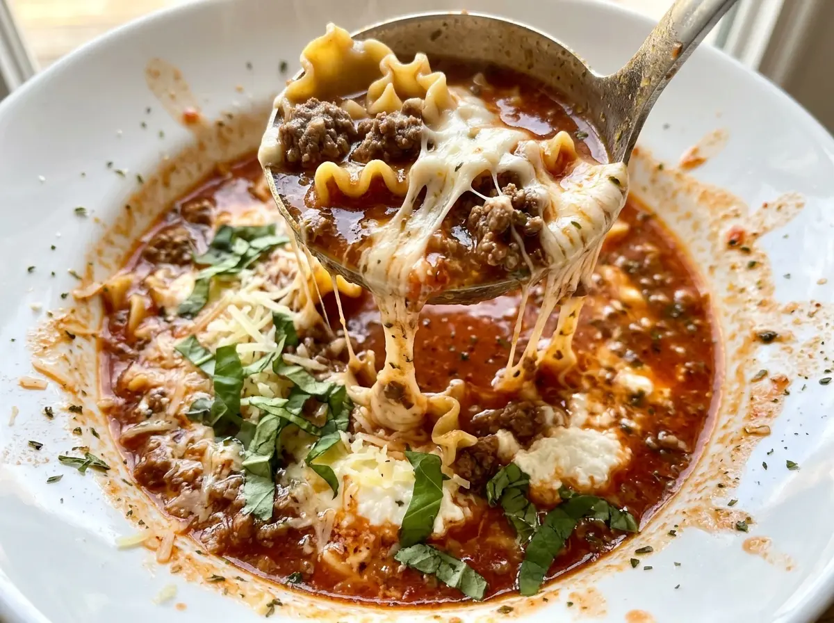 Cheesy Lasagna Soup, tomato-rich and noodle-filled