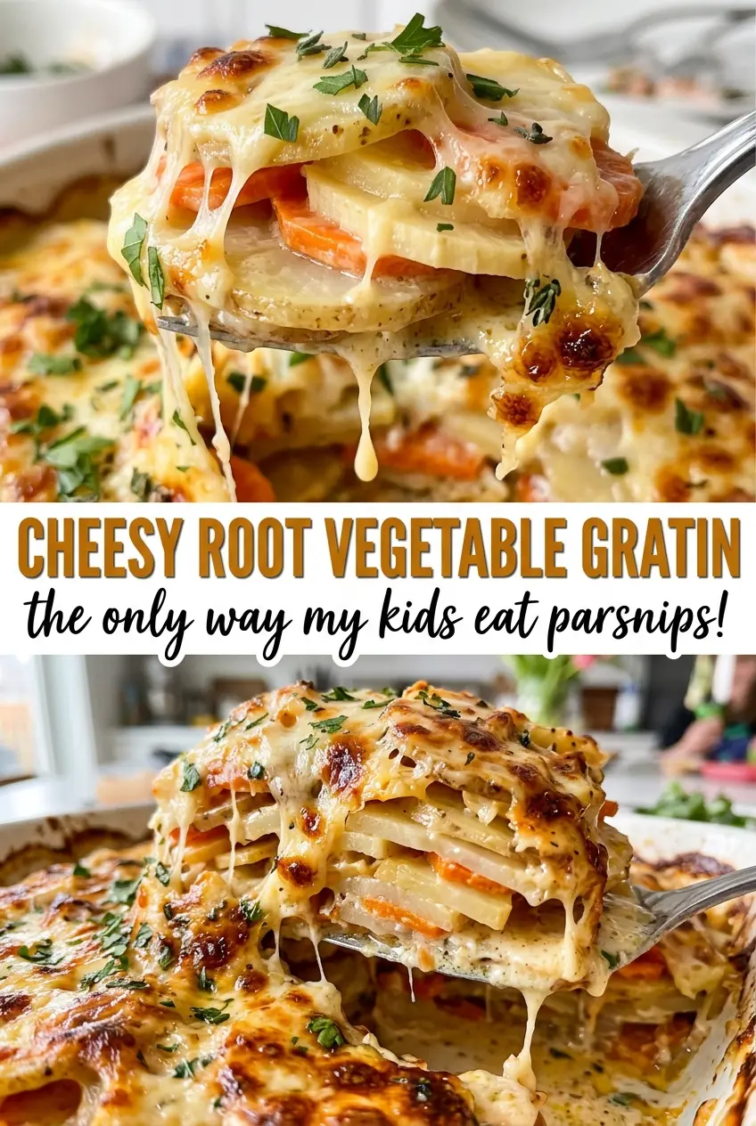 Cheesy Root Vegetable Gratin bubbling cheddar top