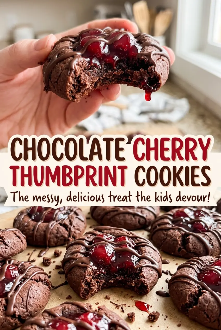Chocolate cherry thumbprint cookies with soft cocoa edges