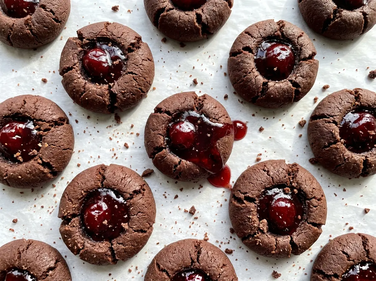 Chocolate cherry thumbprint cookies with glossy red centers