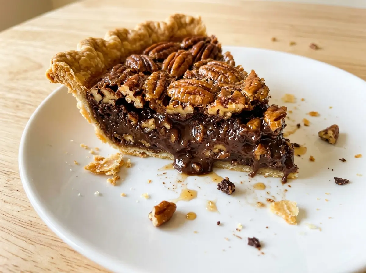 Chocolate Pecan Pie with glossy chocolate and toasted pecans