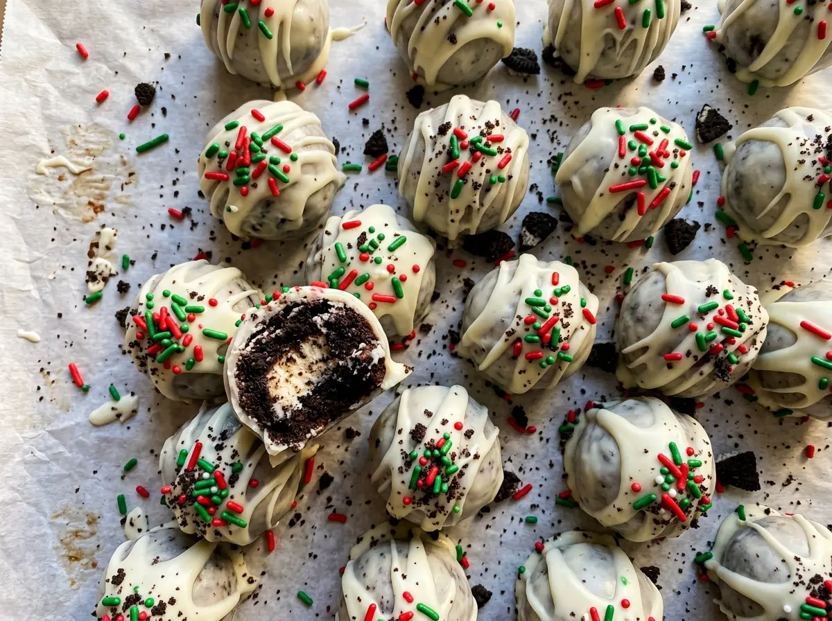 Christmas Oreo balls with festive white coating