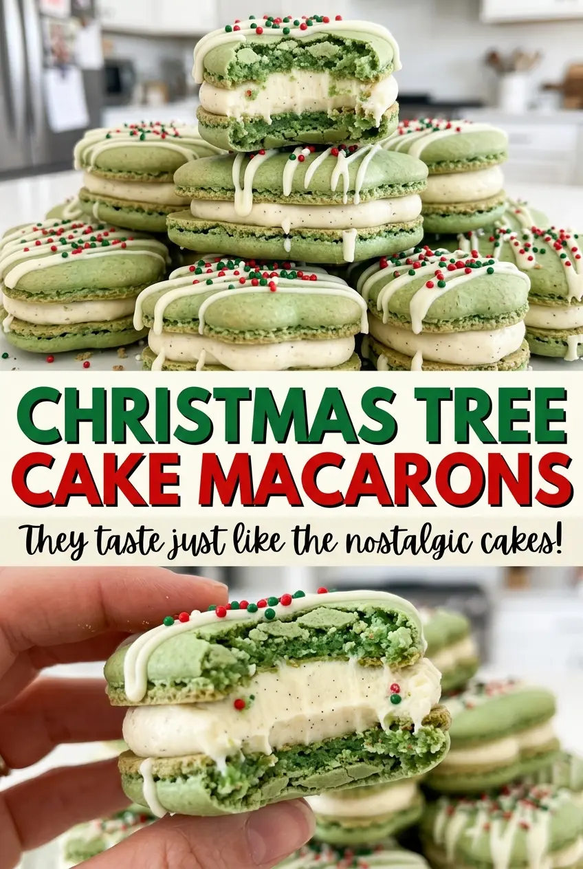 Christmas Tree Cake Macarons with white chocolate drizzle