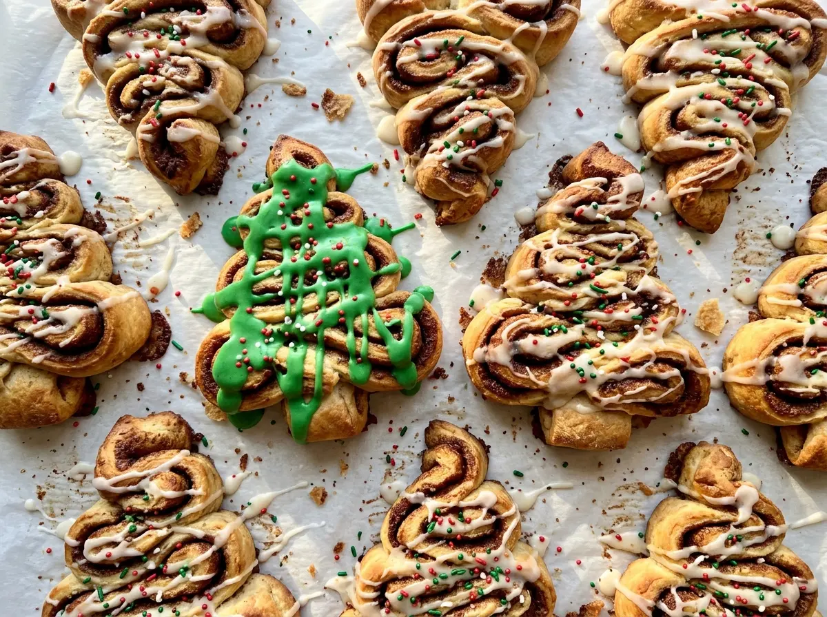 Cinnamon Roll Christmas Trees with green icing