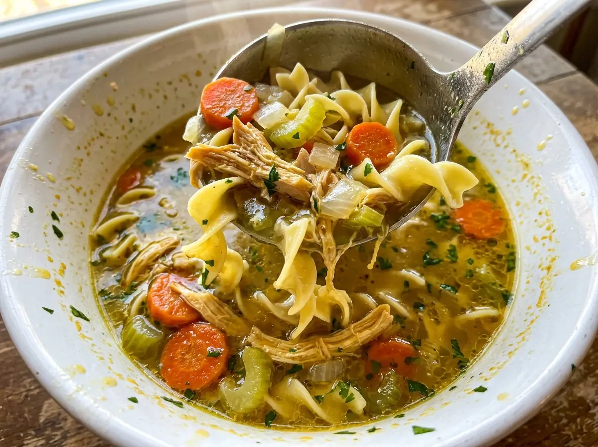 Cold Fighting Chicken Noodle Soup, golden and comforting