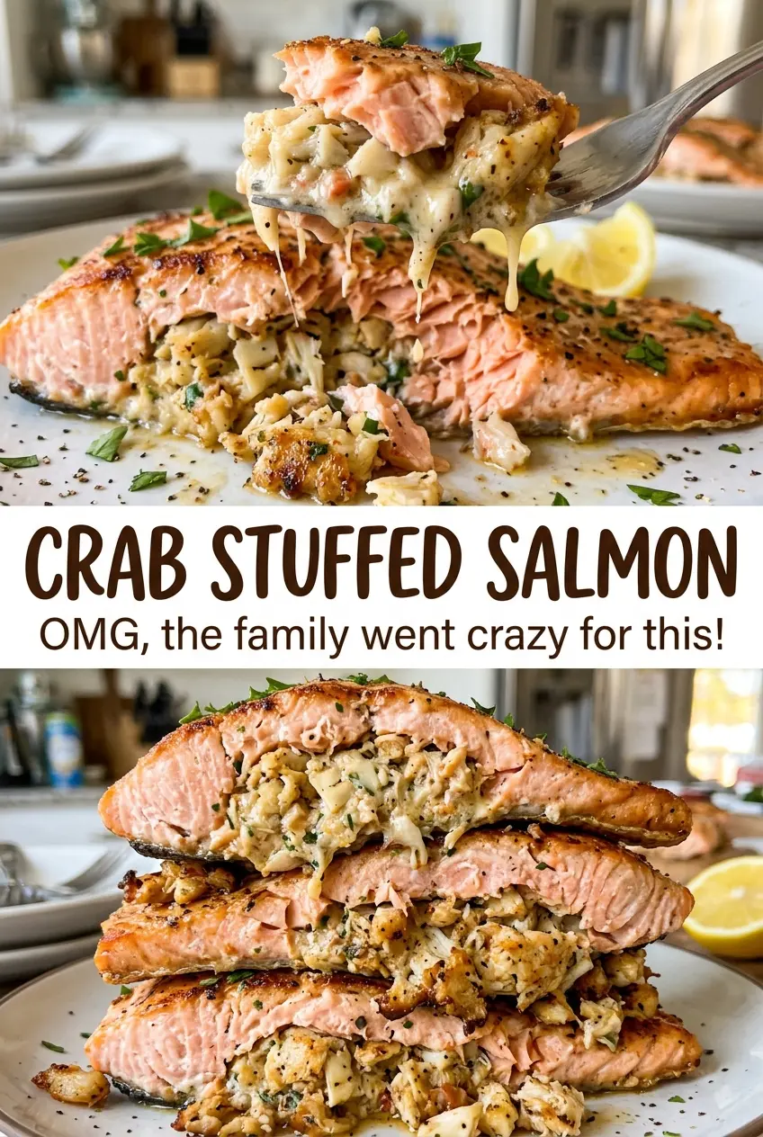 Crab stuffed salmon with tender golden filling