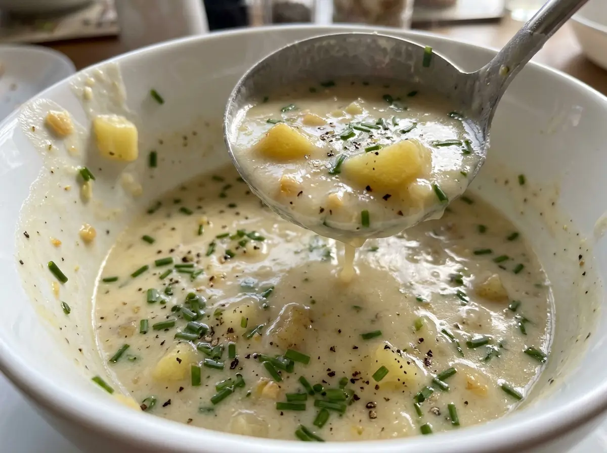 Creamy Garlic Potato Soup, chunky and golden