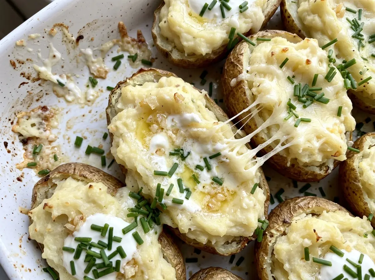 Creamy Garlic Twice Baked Potatoes golden cheddar tops