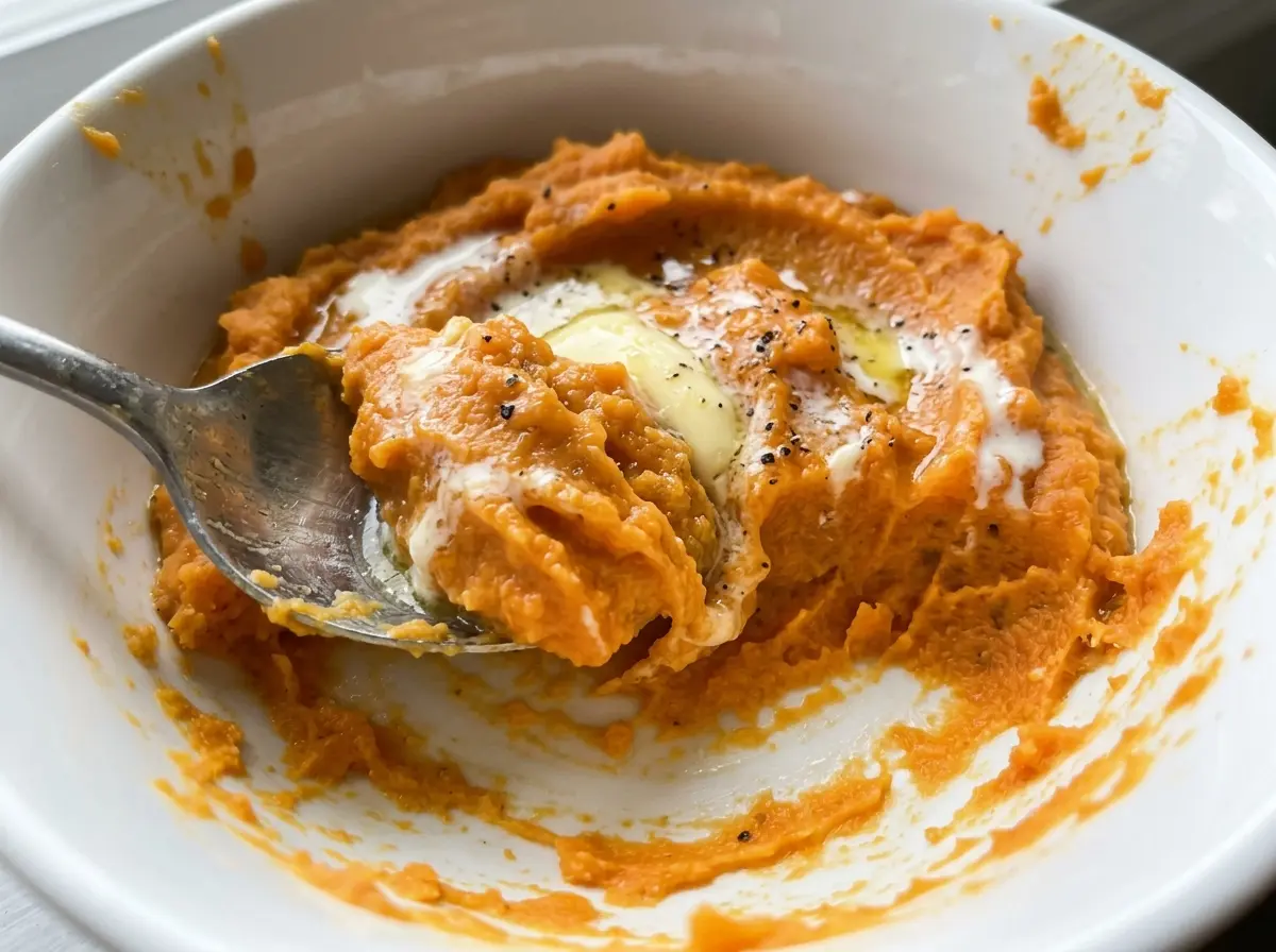 Creamy Savory Mashed Sweet Potatoes with smooth buttery texture
