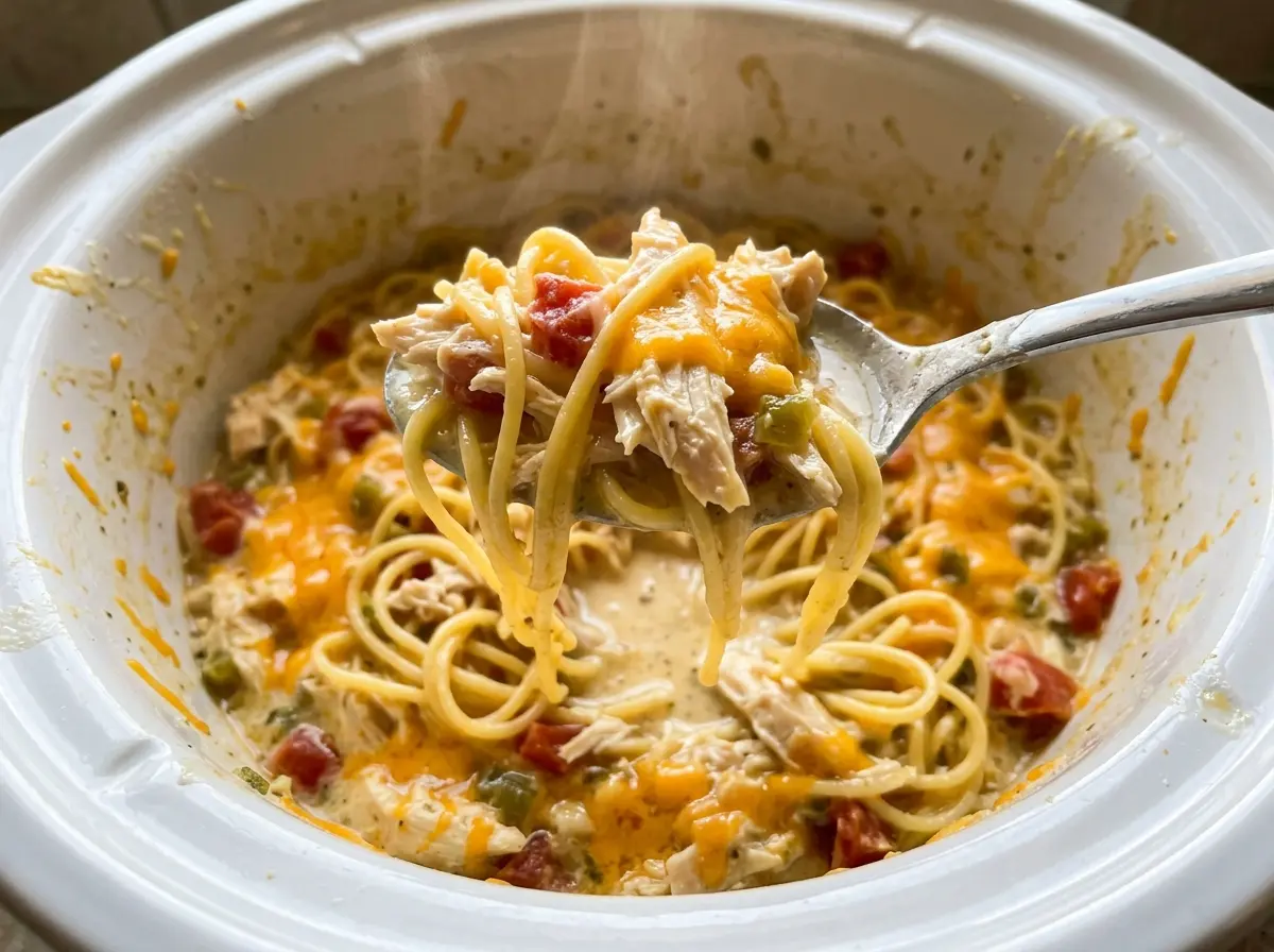 Crockpot chicken spaghetti creamy cheddar