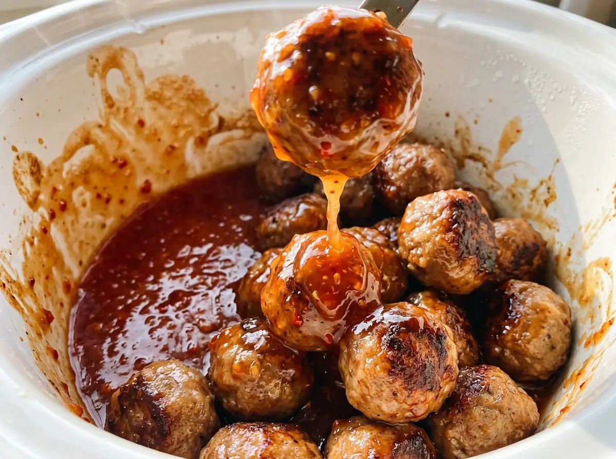Crockpot Sweet Chili Meatballs glossy saucy appetizer