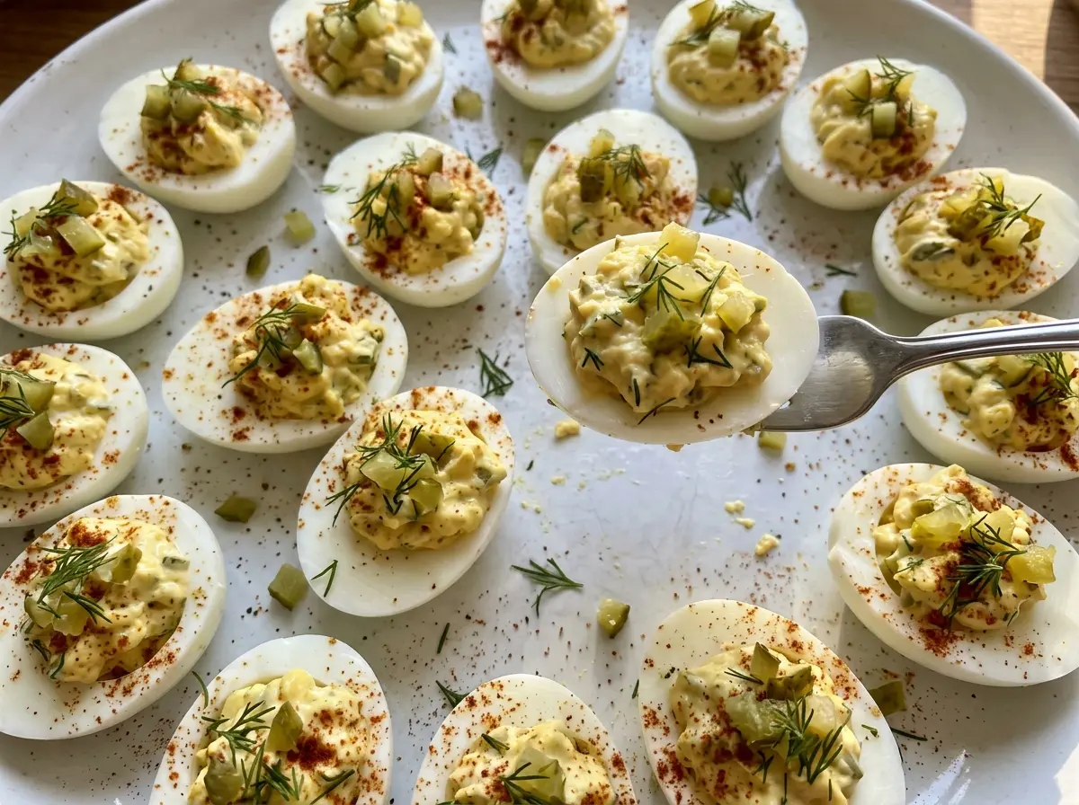 Dill Pickle Deviled Eggs with creamy, paprika-dusted filling