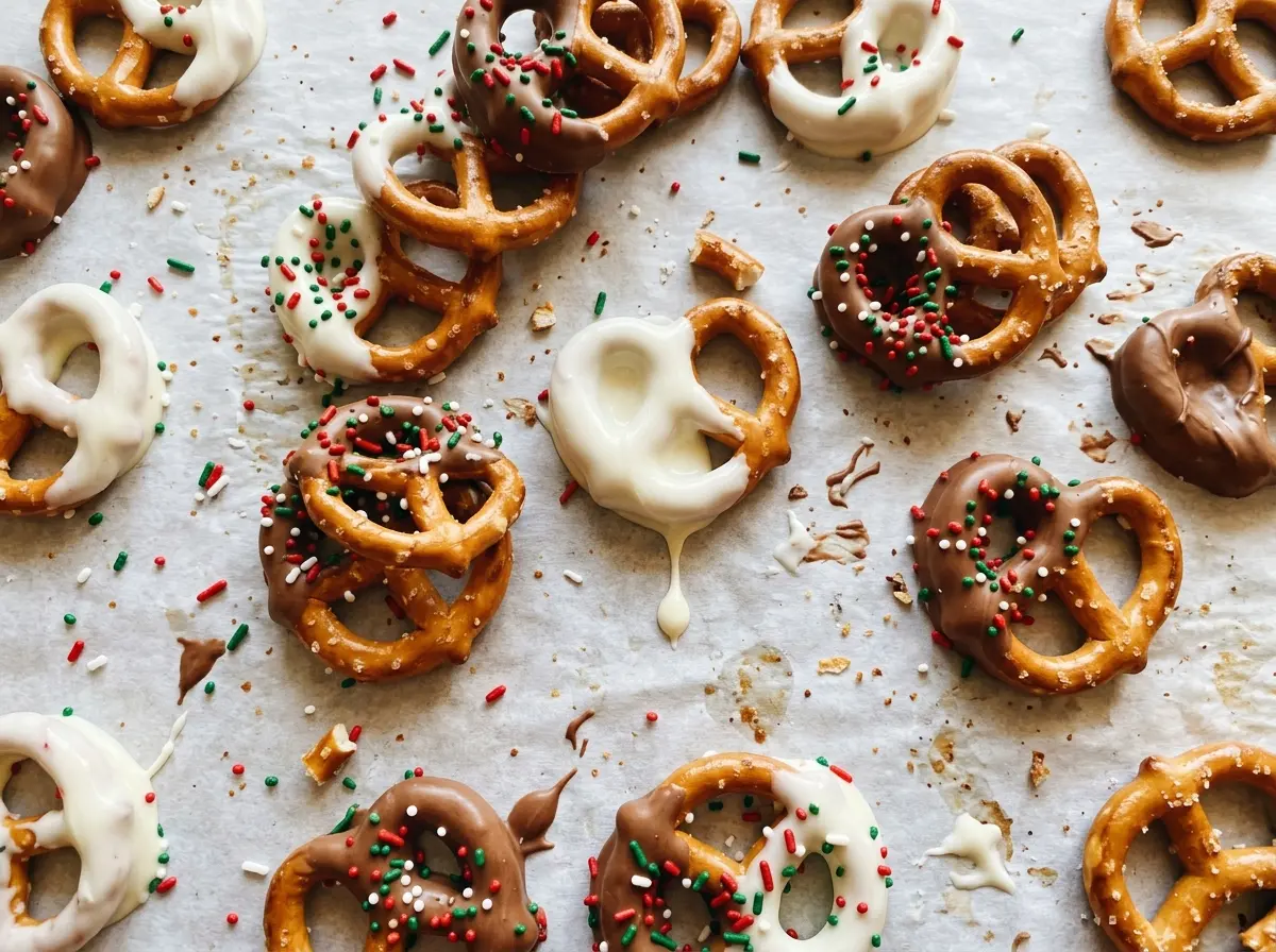 Easy Christmas Pretzels white chocolate festive sprinkles