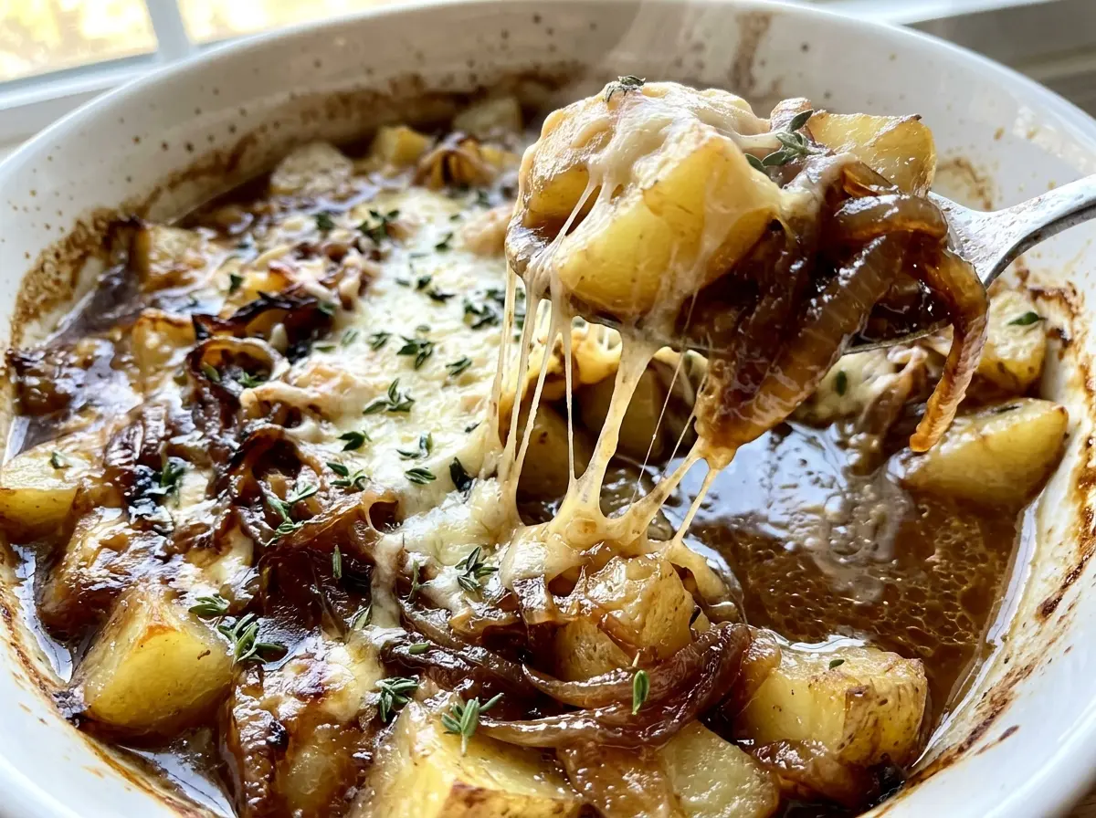 French Onion Potatoes with golden cheese layers