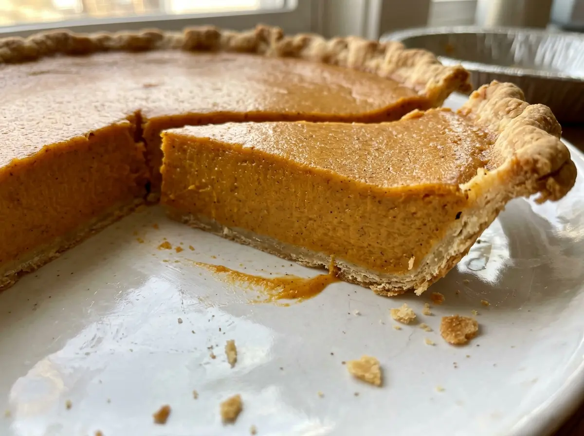 Fresh pumpkin pie from scratch with golden crust and spiced filling