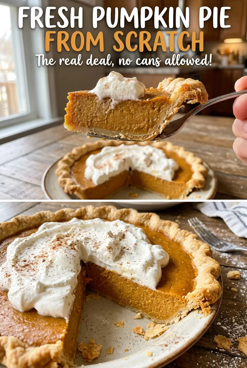Fresh pumpkin pie from scratch with golden crust and spiced filling
