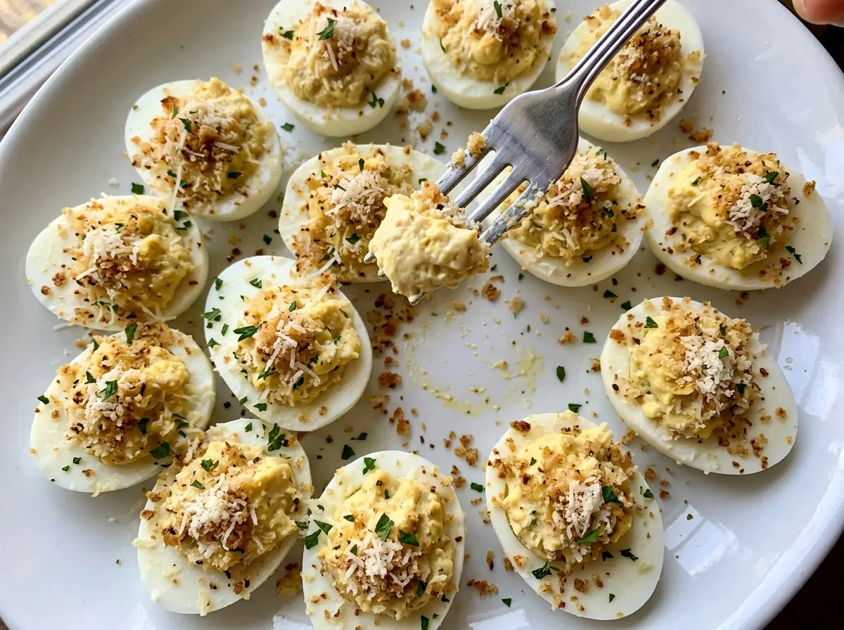 Garlic Bread Deviled Eggs with golden crunchy topping