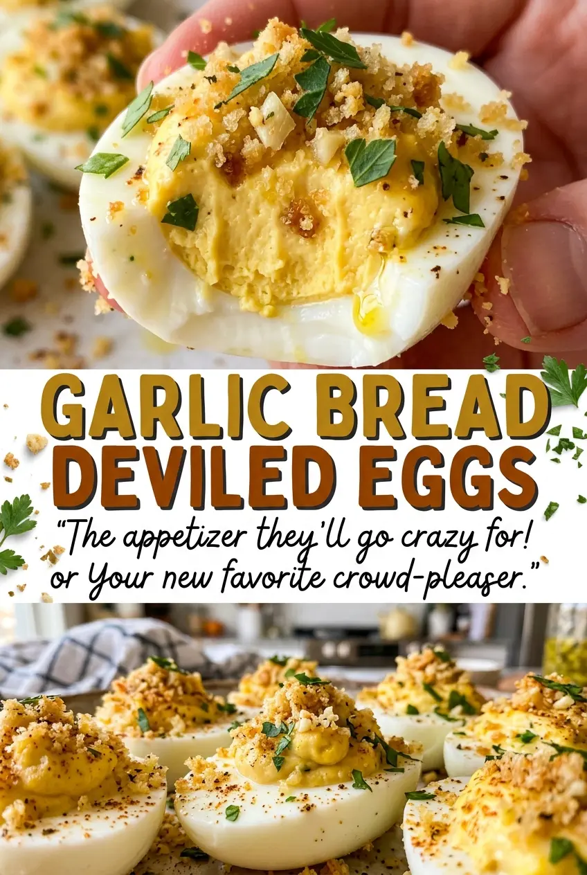 Garlic Bread Deviled Eggs with creamy savory filling